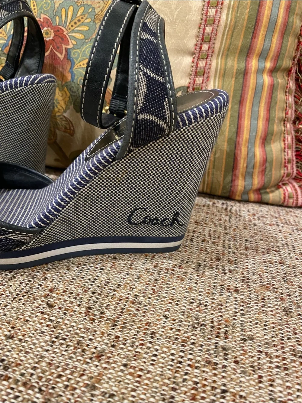 Coach Navy Denim Signature Wedge Sandals with Ankle Strap